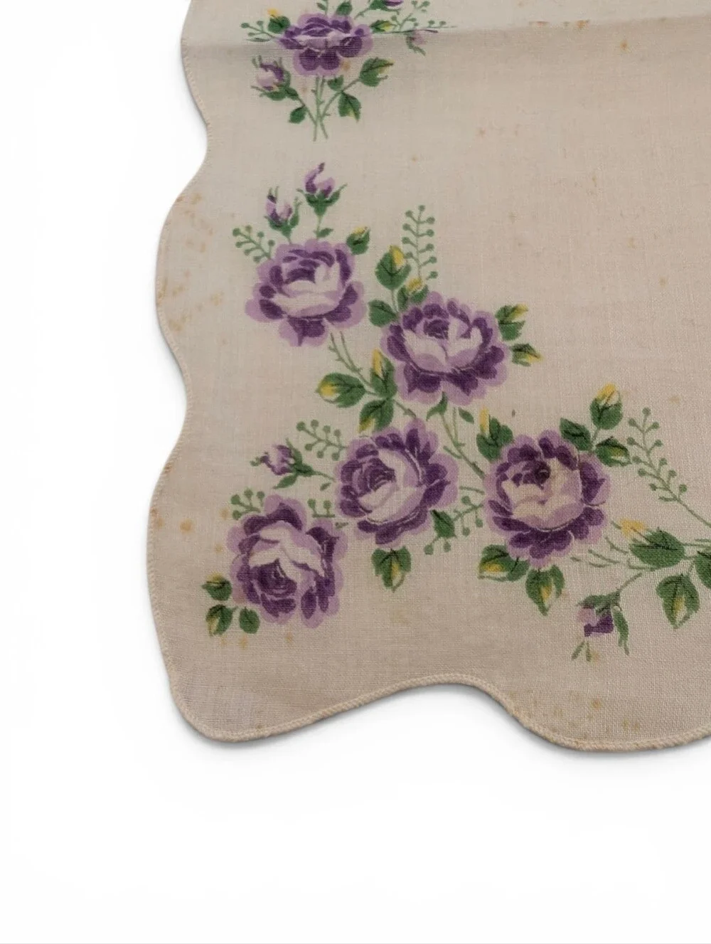 VINTAGE Floral Scalloped Handkerchief Purple Roses Cream Cotton